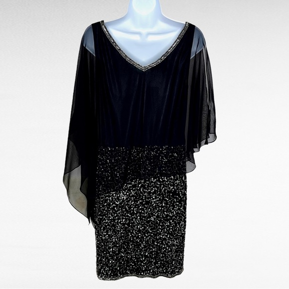 JKARA Black Asymmetrical Sequin Cocktail Evening Dress Size 10 - Picture 2 of 11